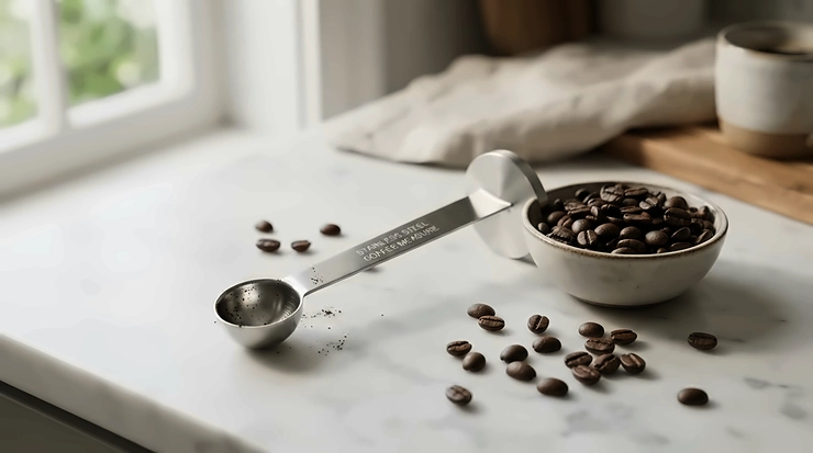 A budget-friendly dual-sided coffee scoop resting on a modern kitchen counter beside a bag of coffee beans.