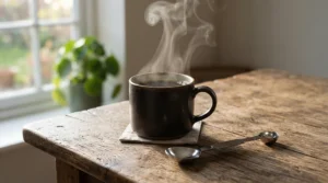 A stainless steel dual-sided coffee scoop used during a cozy morning coffee routine in a warm home.