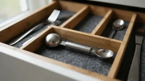A compact dual-sided coffee scoop stored neatly inside a shallow kitchen utensil drawer.