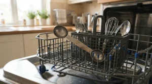 A dishwasher-safe dual-sided coffee scoop placed neatly on the top rack of a dishwasher.
