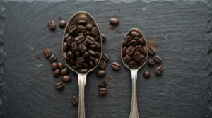 Demonstrating exact coffee bean sizing with both bowls of a dual-sided coffee scoop.
