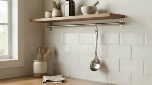 A compact dual-sided coffee scoop hanging from a magnetic strip on a kitchen wall.