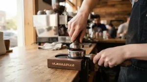 A barista using an ergonomic tamping station with knock box to prepare a morning espresso shot at home.