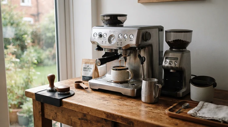 An affordable espresso tamping station set up on a compact wooden countertop in a Vancouver apartment kitchen.