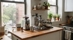 A space-saving espresso tamping station designed for small Canadian urban apartments.