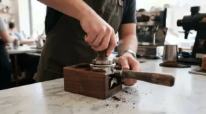 A heavy-duty espresso tamping station demonstrating superior countertop stability during heavy downward pressure.