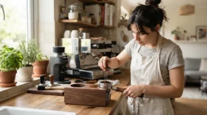 A beginner using an ergonomic espresso tamping station for home brewing practice in Toronto.