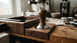 A close-up of a precision espresso tamping station showing a snug tamper fit and portafilter alignment.