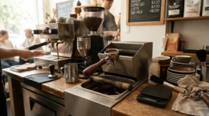 An all-in-one espresso tamping station featuring built-in knock-box integration on a modern kitchen island.
