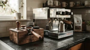 A handcrafted wooden espresso tamping station showcasing natural grain textures beside an espresso machine.