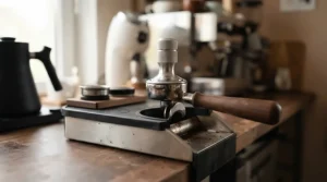 A close-up view of a robust tamping station with knock box highlighting the reinforced knock-bar durability.