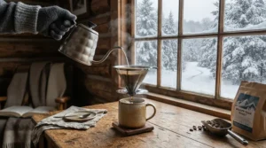 Enjoying a quiet cabin weekend with a portable metal coffee filter for pour over in rural Ontario.