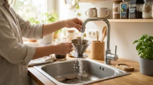 An eco-friendly morning routine featuring a reusable metal coffee filter for pour over in Montreal.
