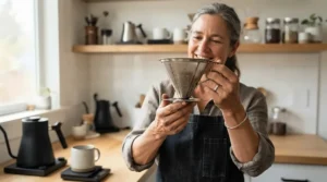 Demonstrating the lifespan of a durable metal coffee filter for pour over in a modern Canadian kitchen.
