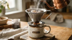 A person using a metal coffee filter for pour over on a wooden kitchen counter during a snowy morning in Toronto.