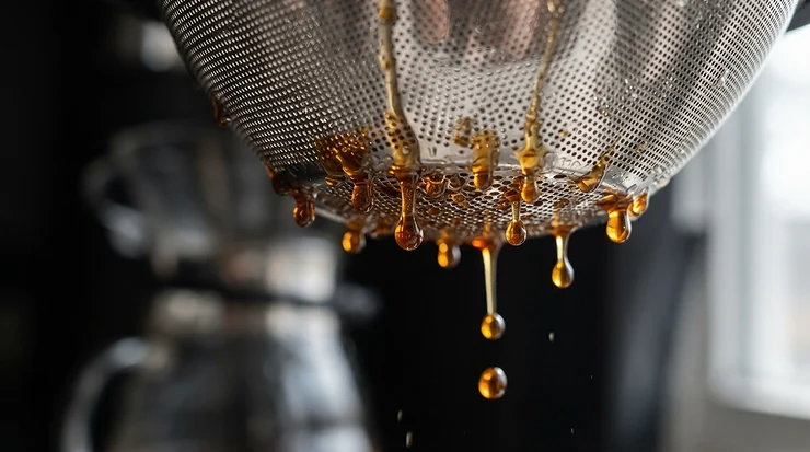 Detailed view of coffee oils passing through a fine mesh metal coffee filter for pour over.