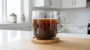 Inspecting sediment levels in a freshly brewed cup made with a metal coffee filter for pour over.