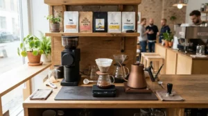 A complete home coffee station setup highlighting paper coffee filters vs metal coffee filters accessories.