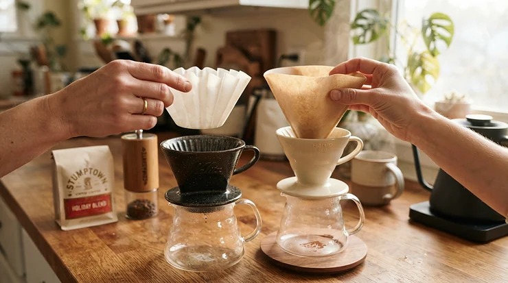 A person preparing morning coffee while comparing paper coffee filters vs metal coffee filters on a wooden kitchen counter in Canada.
