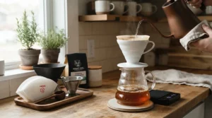 Demonstrating filter cone sizing when choosing paper coffee filters vs metal coffee filters in a Canadian kitchen.