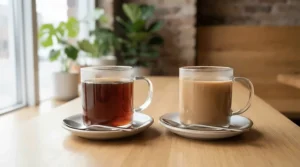 Evaluating taste clarity between paper coffee filters vs metal coffee filters with two freshly brewed cups of coffee.
