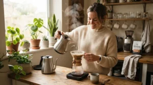 Enjoying a relaxed weekend coffee ritual while evaluating paper coffee filters vs metal coffee filters.