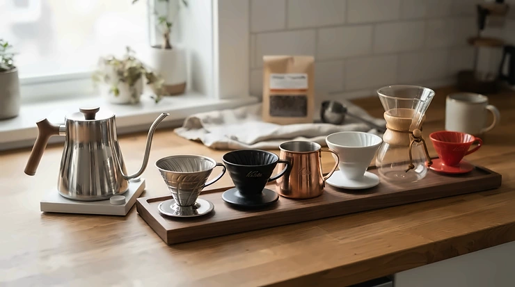 A versatile pour over kettle set paired with various cone dripper compatibility styles on a mat.