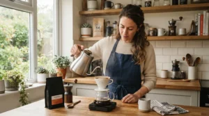 A pour over kettle set being used alongside a matching espresso setup on a cozy kitchen station.
