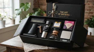 An elegant gift-set bundle featuring a pour over kettle set next to fresh roasted coffee beans.