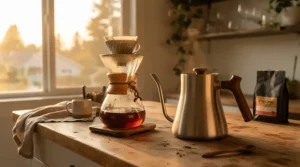 A glass server and pour over kettle set illuminating in the afternoon sun during brewing.