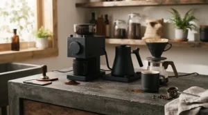A sleek matte black pour over kettle set resting on a minimalist concrete countertop.