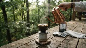 A pour over kettle set being used on a wooden cabin balcony overlooking a serene forest.