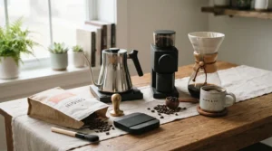 An introductory pour over kettle set packaged as a starter brewing kit on a rustic table.