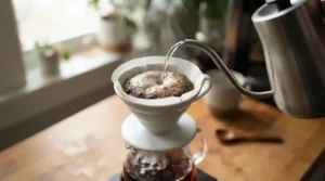 Close-up of a gooseneck spout on a pour over kettle set pouring hot water in a steady stream.