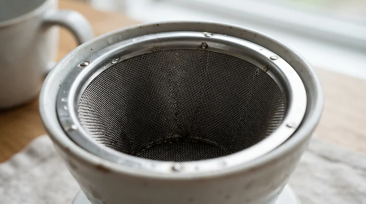 Detailed view of the fine stainless steel mesh on a durable reusable K-cup filter.