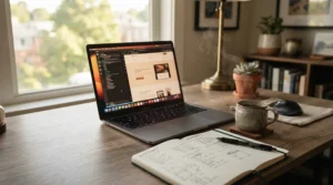 A steaming mug of coffee brewed using a reusable K-cup filter next to a laptop in a home office.