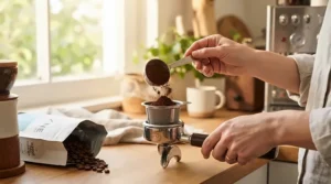 A reusable K-cup filter being filled with fresh ground coffee on a kitchen counter during a Canadian morning routine.