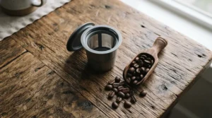 Eco-friendly reusable K-cup filter displayed alongside bulk coffee beans to highlight pod waste reduction.