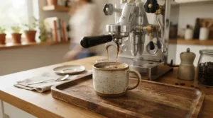 Hot coffee pouring from a single-serve machine using a reusable K-cup filter into a ceramic mug.