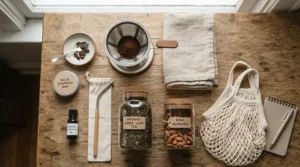 Reusable K-cup filter and sustainable kitchen accessories arranged neatly on a wooden board.