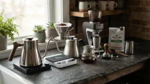 A modern stainless steel tamping station with knock box arranged neatly beside a portafilter and tamper.