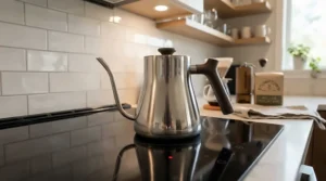 A stainless steel stovetop gooseneck kettle for pour over placed on a sleek black induction cooktop.