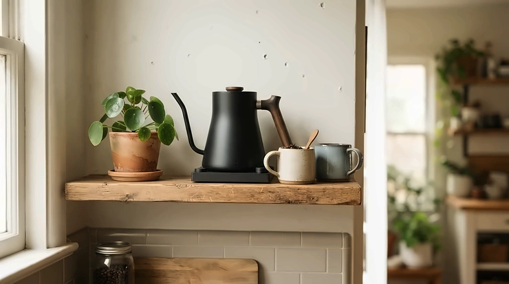 A brushed metal stovetop gooseneck kettle for pour over displayed neatly on an open wooden kitchen shelf.
