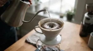Close-up of a stovetop gooseneck kettle for pour over demonstrating ergonomic spout control during coffee brewing.