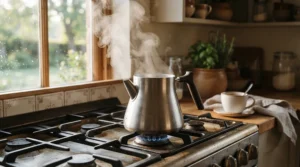 A whisper-quiet stovetop gooseneck kettle for pour over steaming gently during a peaceful morning routine.
