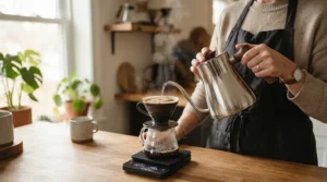 A person pouring water from a stovetop gooseneck kettle for pour over featuring an insulated wooden handle.