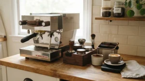 A stainless steel tamping station with knock box set on a warm maple kitchen counter next to an espresso machine.