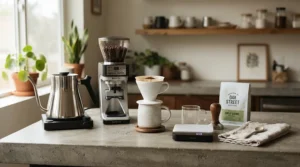 A professional-grade variable temperature gooseneck kettle displayed neatly on a minimalist home coffee bar.