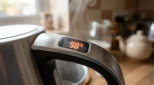 Checking the digital screen on a variable temperature gooseneck kettle for exact degree control during beverage prep.