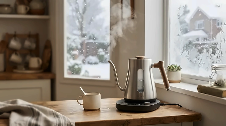 The hold-temperature feature active on a variable temperature gooseneck kettle during a snowy winter afternoon.